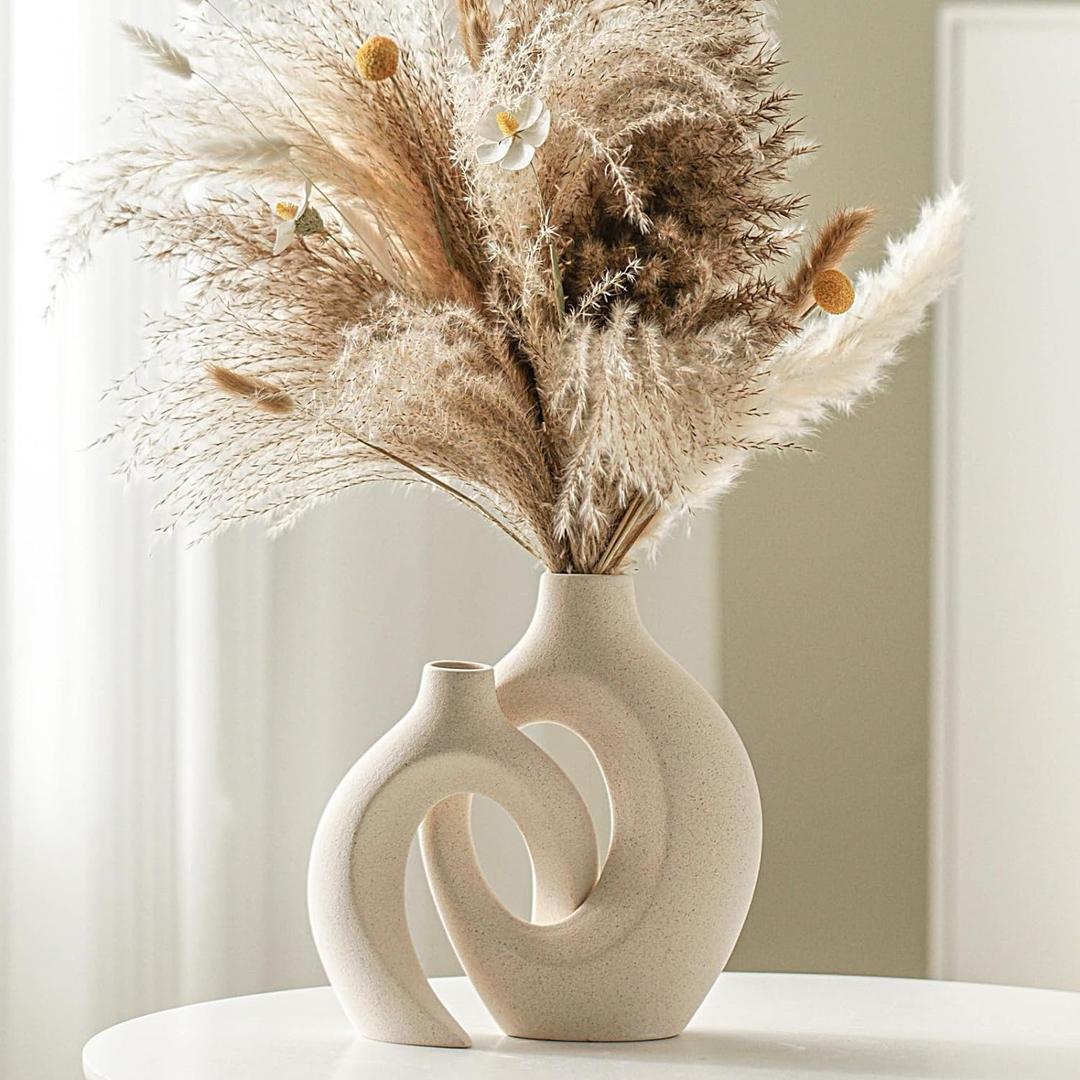 Snuggle Hollow Ceramic Vase Set of 2, Nordic Modern Boho ins Style Decorative Ceramic Aesthetic Flower Vase for Home Decor (Milky White W 6.3" X H 8.4") (Cream White)