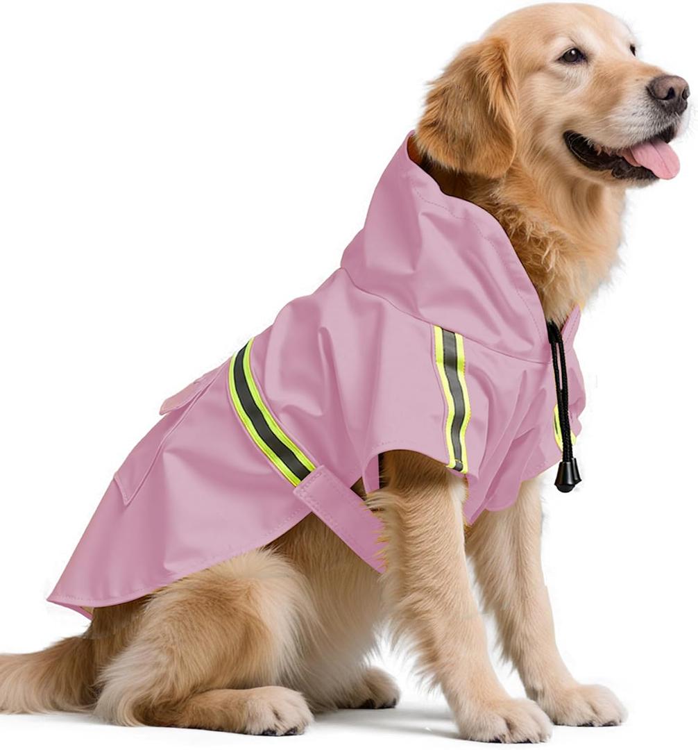 Dog Rain Coat, Waterproof Adjustable Dog Rain Jackets, Reflective Strap Pet Rain Coat with Leash Hole, Hooded Snowproof Windproof Clothes for Medium Dog Medium (Pink)