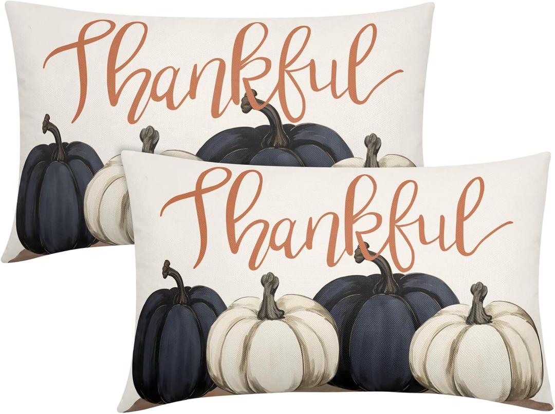 Blue And White Pumpkins Pillow Covers Fall Decorative Lumbar Pillows 12x20 Set of 2 Autumn Thanksgiving Throw Pillow Covers Farmhouse Pillowcases Cotton Linen Cushion Cover For Couch Bed Sofa Chair
