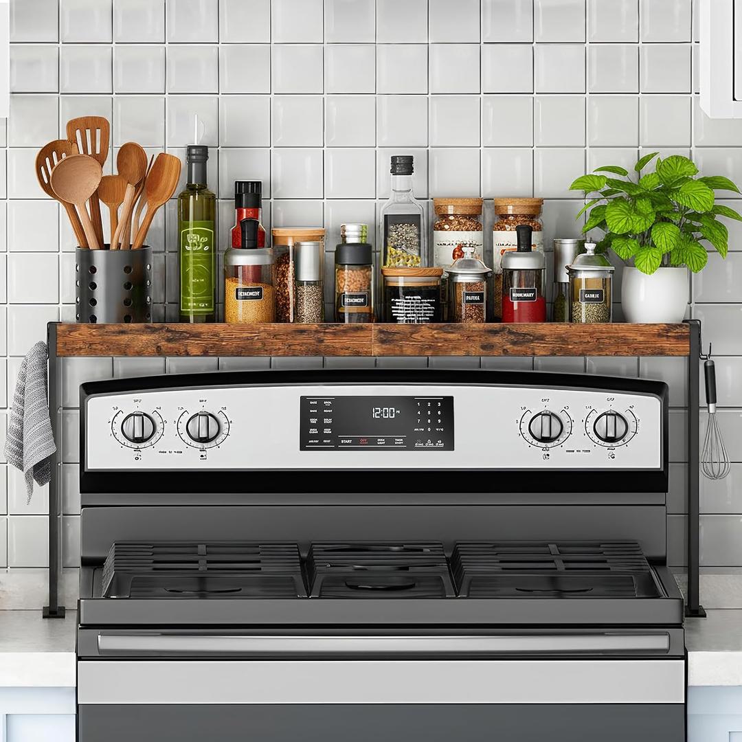 Spice Rack Shelf for Kitchen Stove, Over the Stove Shelf with 4 Level Adjustable Height, Over Stove Spice Rack with 4 Hooks, Rustic Brown + Black