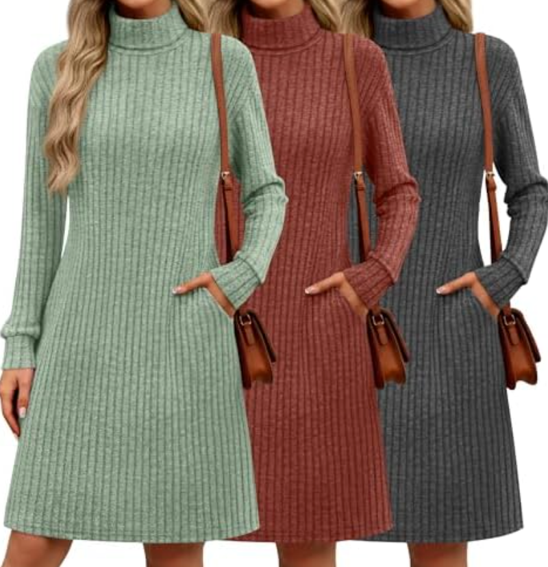 Velvelhall 3 Pack Women's Long Sleeve Sweater Dresses Ribbed Knit Lettuce Trim Mock Turtleneck Short Casual Slim Fit Dresses(Caramel, Green, Gray,Medium)