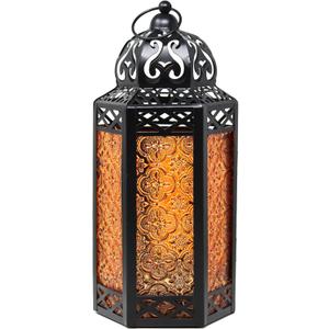 Black Metal Decorative Moroccan Lantern Candle Holder Lamp for Indoor or Outdoor Home Decor, Large, Amber