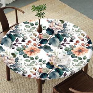 Vintage Floral Round Tablecloth  Fitted Circle Table Cover with Elastic Edge, Waterproof & Washable Polyester Table Cloth for 35" to 42" Indoor/Outdoor Tables (Botanic Lace)
