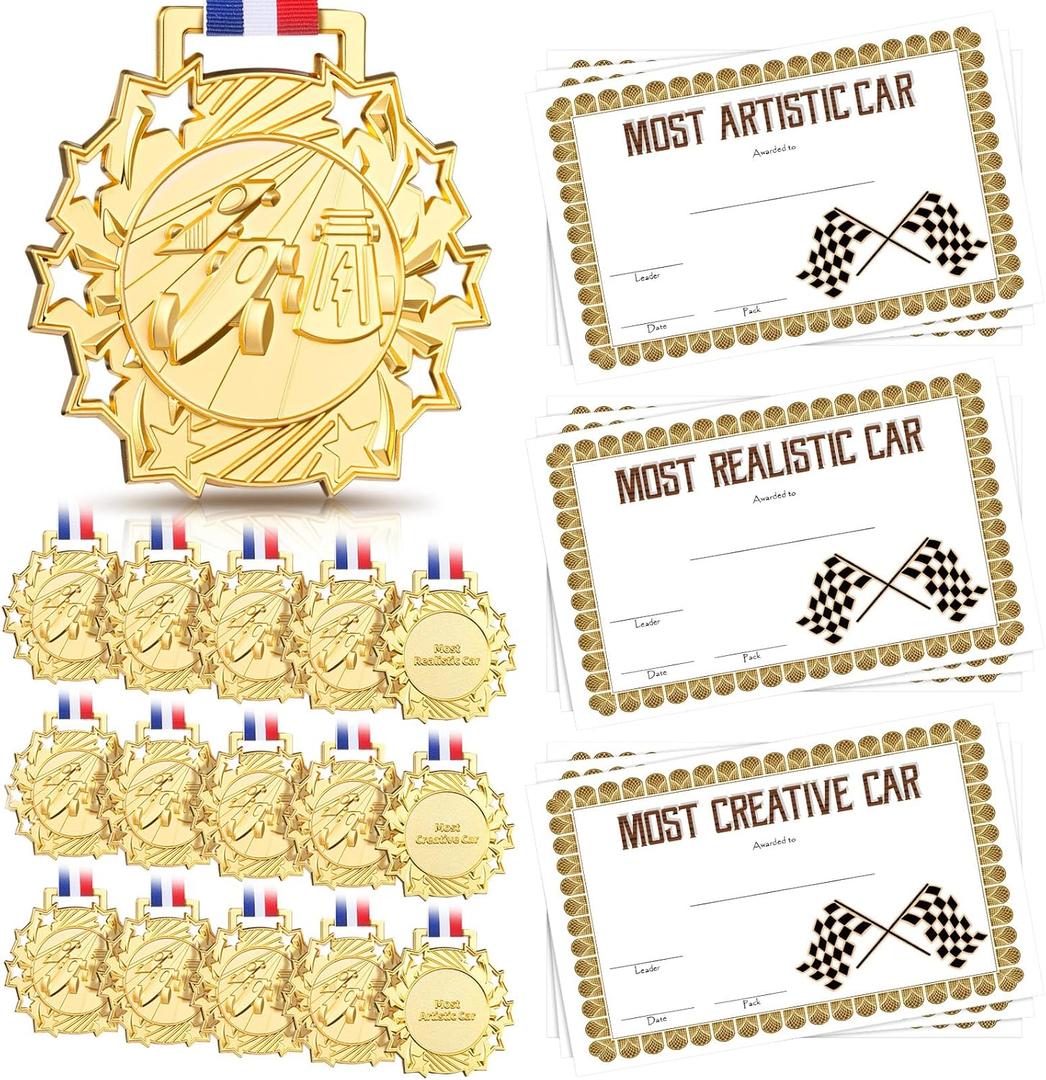 Cunno 15 Pcs Derby Medals with Award Certificate Race Car Trophy Gold Metal Award Medal with Neck Ribbon Prizes Winner Champion Trophies Prize Event Tournament Gifts