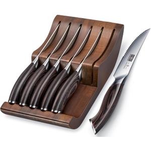 HOSHANHO Steak Knives Set of 7, 4.5 Inch Serrated Steak Knife Set with Block, Japanese High Carbon Steel Kitchen Steak Knives with Ergonomic Handle