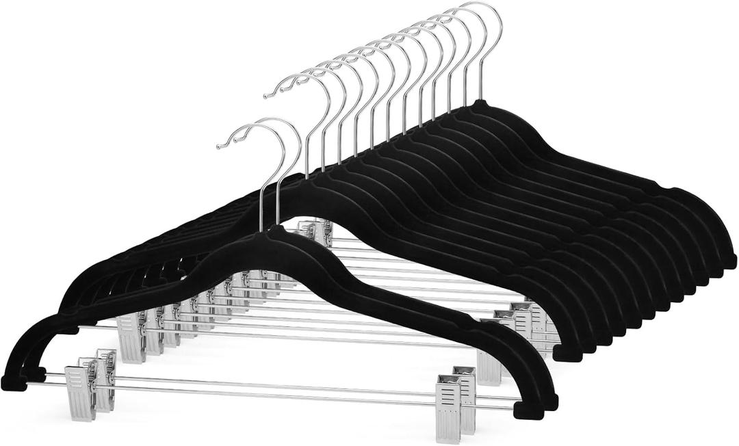 Cozymood Velvet Skirt Hangers 24 Packs Velvet Hangers with Clips Ultra Thin Non Slip Velvet Pants Hangers Space Saving Clothes Hanger for Trouser, Skirts, Jeans (Black)