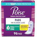 Poise Incontinence Pads & Postpartum Incontinence Pads, 3 Drop Light Absorbency, Long Length, 96 Count (4 Packs of 24),