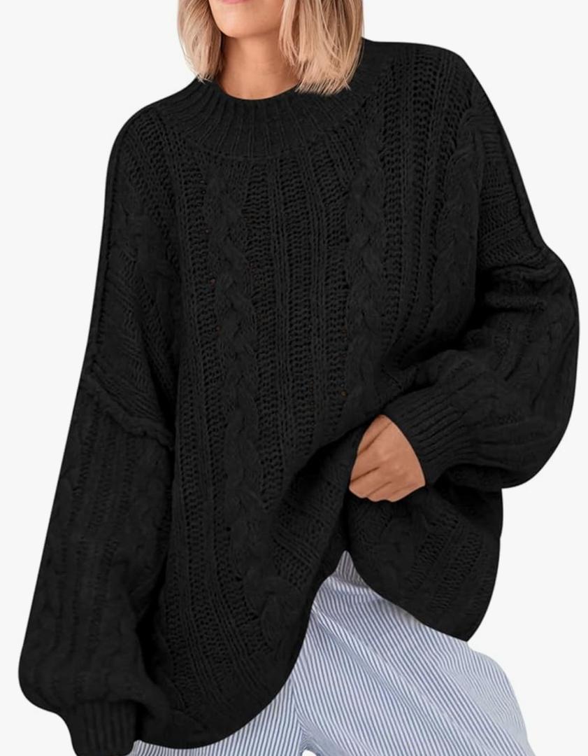 Saodimallsu Womens Oversized Sweaters Chunky Cable Knit Crew Neck Casual Long Lantern Sleeve Fall Tunic Sweater Tops