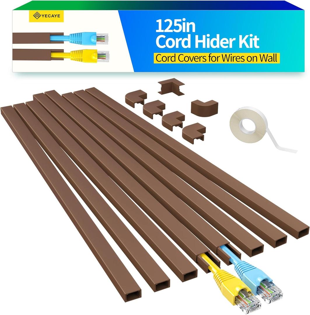 Yecaye 125in Brown Cord Hider - One-Cord Channel Cord Cover on Wall - Cable Management Kit - Wire Covers for Cords - Cable Raceway - 8X L15.7in W0.59in H0.4in, CMC03 Brown (Small)