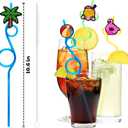24 PCS Summer Drinking Crazy Straws for Kids Beach Ball Pool Flamingo Summer Themed Birthday Party Supplies Favors Decorations with 24 PVC Cute Charm, 2 Cleaning Brushes Reusable Straw