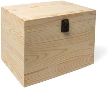 VIKOS Products 10x9x7-Inch Unfinished Wooden Box with Hinged Lid & Front Clasp for DIY Art Project Crafts Woodcraft Keepsake - Easy to Stain Paint Wood Burning