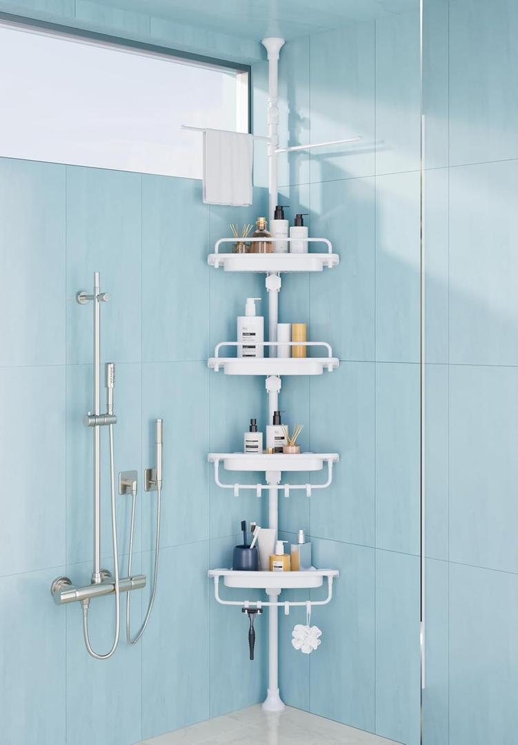 32-122inch Corner Shower Caddy Tension Pole All White, Rustproof Drill-Free Shower Shelves for Bathroom Bathtub Washbasin, Adjustable Shower Organizer with 4 Tier Patent Shelves & Towel Bars