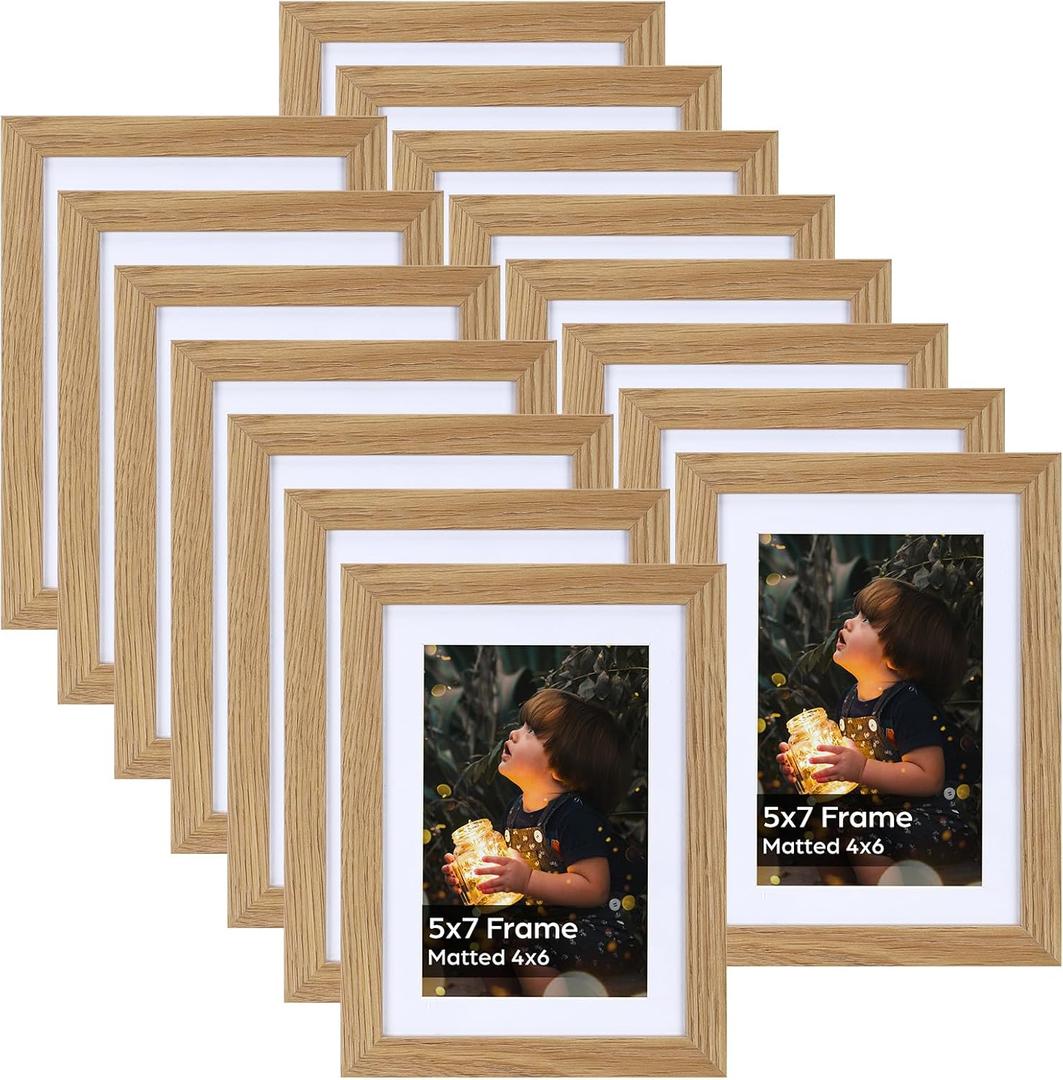 Lyeasw 4x6 Picture Frame Set of 15, Display Pictures 5x7 without Mat or 4x6 with Mat, Natural Wood Color Multi Photo Frames for Wall or Tabletop