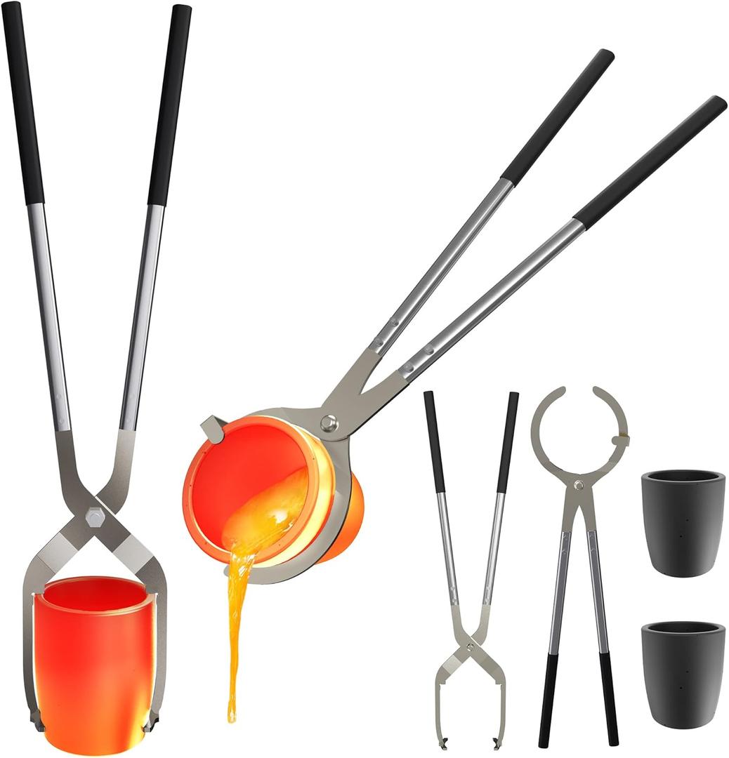 Nelyrho #5 (15lbs-7kg) Crucible Tongs Set with Lifting Tongs, Pouring Tongs and 2 Graphite Crucibles for Casting and Melting Metal
