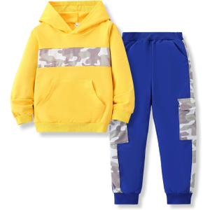Boys Clothes 2Pcs Long Sleeve Hoodie Sweatshirt Camouflage Sweatpants Boy Sweatsuit Fall Outfits Set 6-12 Years (7-8 Years, Yellow)