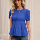 Rapbin Womens Puff Short Sleeve Babydoll Tops Summer Peplum Pleated Cotton T Shirts Casual Loose Fit Flowy Blouses (Blue, L)