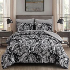 DJY Black Paisley Comforter Set Queen Size, 7 Piece Bed in a Bag Black Gray Boho Paisley Pattern Comforter Set, Soft Lightweight Microfiber Reversible Bedding Set for All Season (90''x90'')
