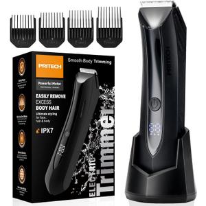 PRITECH Body Hair Trimmer for Men - Rechargeable Trimmer for Mens with Ceramic Blade, Wet & Dry Mens Ball Trimmer with Standing Recharge Dock, Cordless Groin Hair Trimmer for Men (Black)