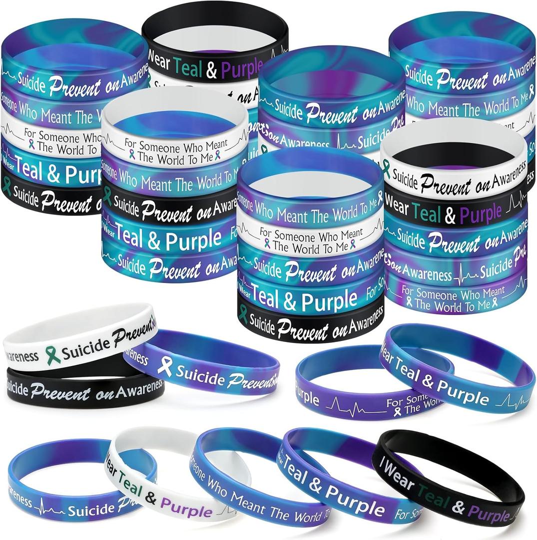 Sasylvia 100 Pcs Suicide Prevention Awareness Silicone Bracelets Suicide Awareness Ribbons Stretch Wristbands Motivational Rubber Bracelet with Inspirational Messages for Men Women, 10 Designs