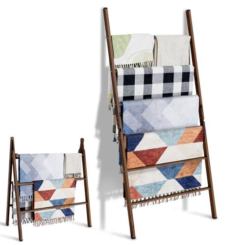 Delywh 6-Tier Wide Double Blanket Ladder Wood, Rustic Decorative Towel Rack for Big Blanket, Towel, Quilt, Clothes, Freestanding Blanket Holder Towel Ladder Decor Stand for Living Room, Bedroom, Brown