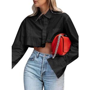 Women Cropped Button Down Shirt Asymmetric Hem Long Sleeve Collared Blouse Top Size M