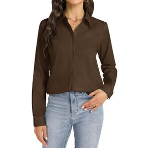 J.VER Womens Button Down Shirt Long Sleeve Dress Shirts Stretch Solid Work Blouse Collared Shirts for Business Office (X-Small, Coffee Brown)