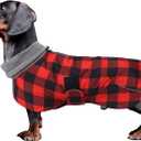 Dachshund Coats Waterproof Suitable for Dachshunds Sausage Weiner Dog Winter Coat Padded Fleece Puppy Snowsuit with Adjustable Bands Reflective Stripe - Plaid Red - Large