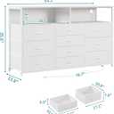Unionly 55W 10-Drawers Dresser with 2 Open Storage Shelves, TV Stand Dresser for 55,65 inch TVwith Power Outlets and LED Lights, Fabric Dressers Drawers for Bedroom, Living Room (White), 11.8"D x 55.1"W x 35.4"H