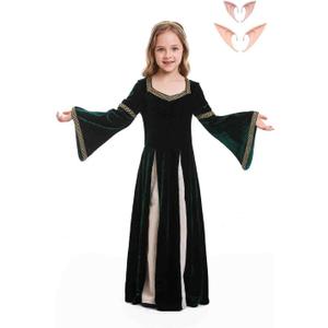 Girls Ren Faire Dress Elf Ears Kids Medieval Renaissance Costumes Victorian Halloween Outfits Over 3 Years (X-Large, Green)
