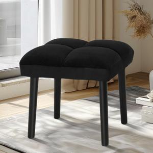 HOUCHICS Black Ottoman Stool, Square Makeup Stool with Wooden Legs, Small Ottoman Stool Chair for Vanity, Modern Padded Sofa Seat Foot Rest Stool(Black)