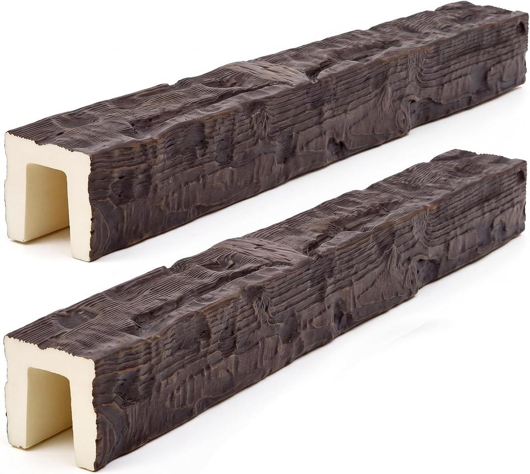 CroBlissful 2 Pack 3.5" W x 3.5" H x 48" L Faux Wood Ceiling Beams, Polyurethane U-Beams, Lightweight Rustic Wood Grain Beam Covers for Living Room Kitchen Entryway(Kona Brown, Salvaged Timber), 3.5" W x 5.5" H x 48" L