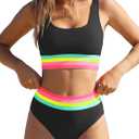 popvil Womens High Waisted Bikini Sets Two Piece Neon Tummy Control Swimsuit 2026 Sporty Rainbow Bathing Suit (Black, M)