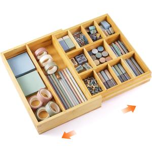 Bamboo Sliding Desk Drawer Organizer 9'' up to 17.9'' x 12'' x 2.2'' Expandable Office Desk Accessories Supplies Tray with 11 Compartments for Pens, Notebooks, Rulers, and Makeup Jewelry Vanity