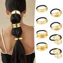 CWJCYTNSN 8 PCS Gold Hair Ties for Women Elastic Metal Hair Ties Ponytail Cuffs Holders for Thick Hair Elegant Geometric Design Hair Accessories