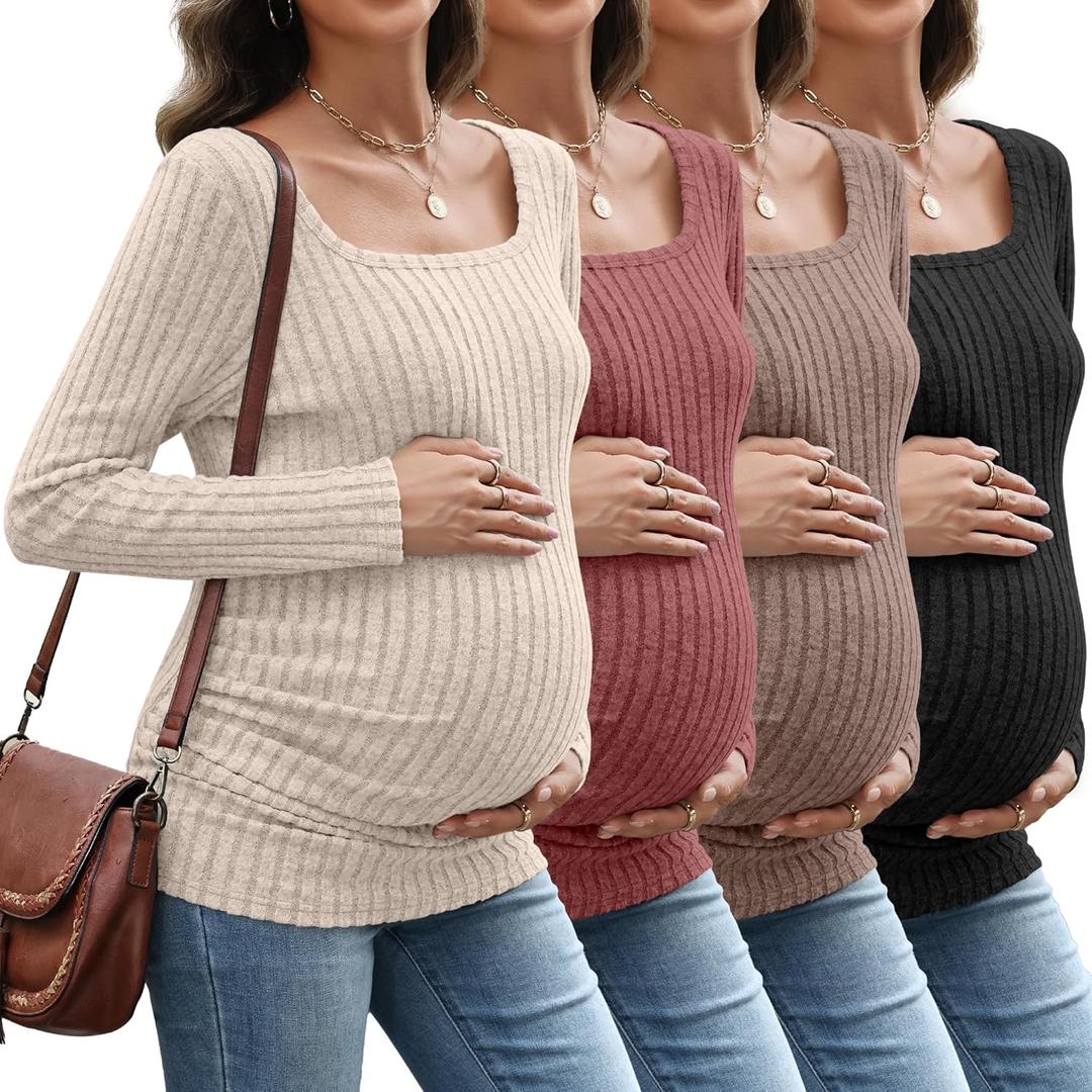 4 Pack Women's Maternity Ribbed Tops, Long Sleeve Pregnancy Tees Square Neck Slim Fit Sweaters Side Ruched Shirts (Large, Apricot, Red, Coffee,black)