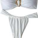 SHENHE Women's 2 Piece Strapless Swimsuit Metal Ring High Cut Thong Ruched Bandeau Bikini Set (Medium, White)