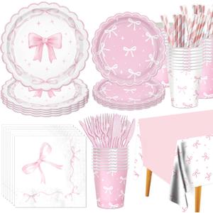 161PCs Pink Bow Party Supplies Pink Coquette Plates Napkins Cups Tablecloth Straws Forks Spoons Knives for Birthday Party Bachelorette Decor Bridal Engagement Coquette Party Supplies for 20 guests