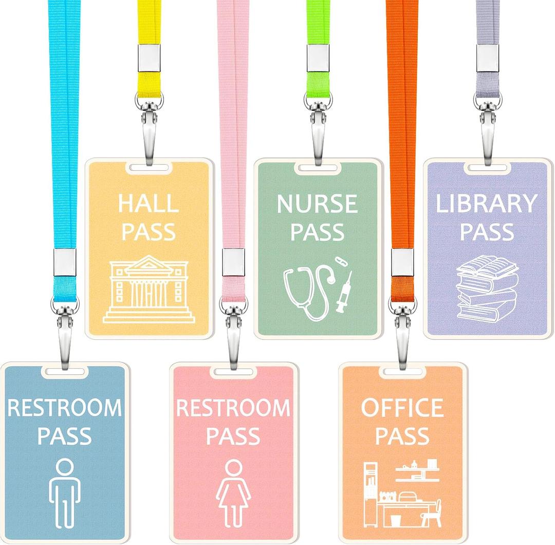 Sabary 6 Sets Hall Pass Lanyards and School Passes Set Unbreakable Wooden Bathroom Passes for Classrooms Hall, Restroom, Library, Office and Nurse School Teacher Supplies Gift(Light Color)