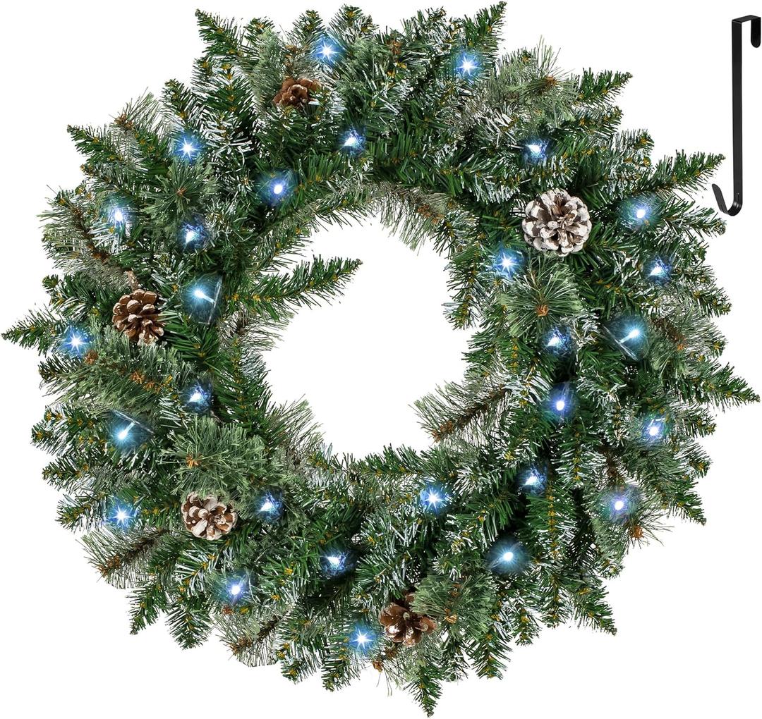 LOENIY 24" Pre-lit Christmas Wreath for Front Door, Timer Outdoor Wreath for Windows with Pine Needles Frosted Branch Tips Pine Cones & Hanger, Battery Operated Artificial Wreath Decoration Indoors