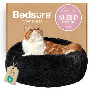 Bedsure Calming Cat Beds for Indoor Cats - Small Cat Bed Washable 20 inches, Anti-Slip Round Fluffy Plush Faux Fur Pet Bed, Fits up to 15 lbs Pets,  20"L x 20"W x 6"Th, Black