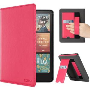 CoBak Case with Stand for Kindle Paperwhite 12th Gen 2024 Released (7") & Kindle Colorsoft Signature Edition - Durable PU Leather Cover with Auto Sleep Wake, Card Slot, Hand Strap Feature, Raspberry