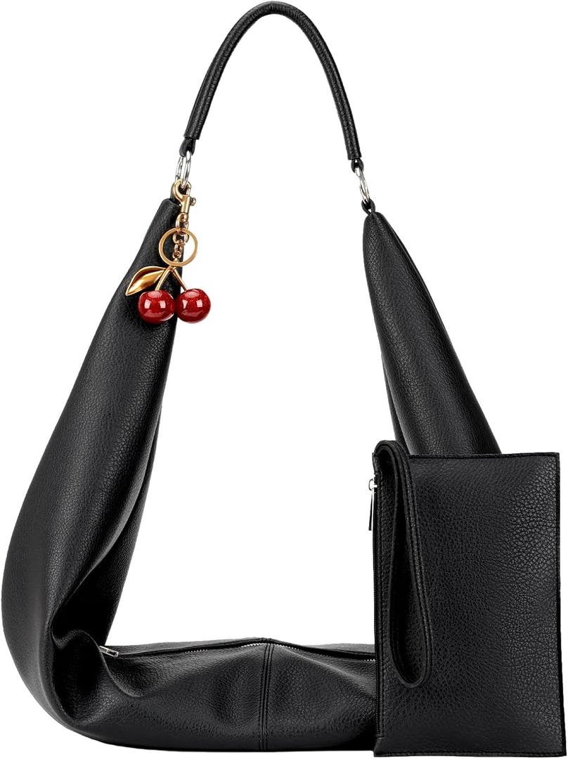Slouchy Hobo Bags for Women Soft Vegan Leather Sling Bag Designer Shoulder Purses Top Handle Handbag with Small Purse (Black)