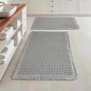 Set of 2 Waffle Bathroom Rugs, Super Absorbent Boho Bath Mats, Non-Slip Shower Mats for Bathroom Floor and Tub, Ultra Soft Waffle Weave Runner Mat, Quick Dry, Light Grey, 17x24+18x30 Inch
