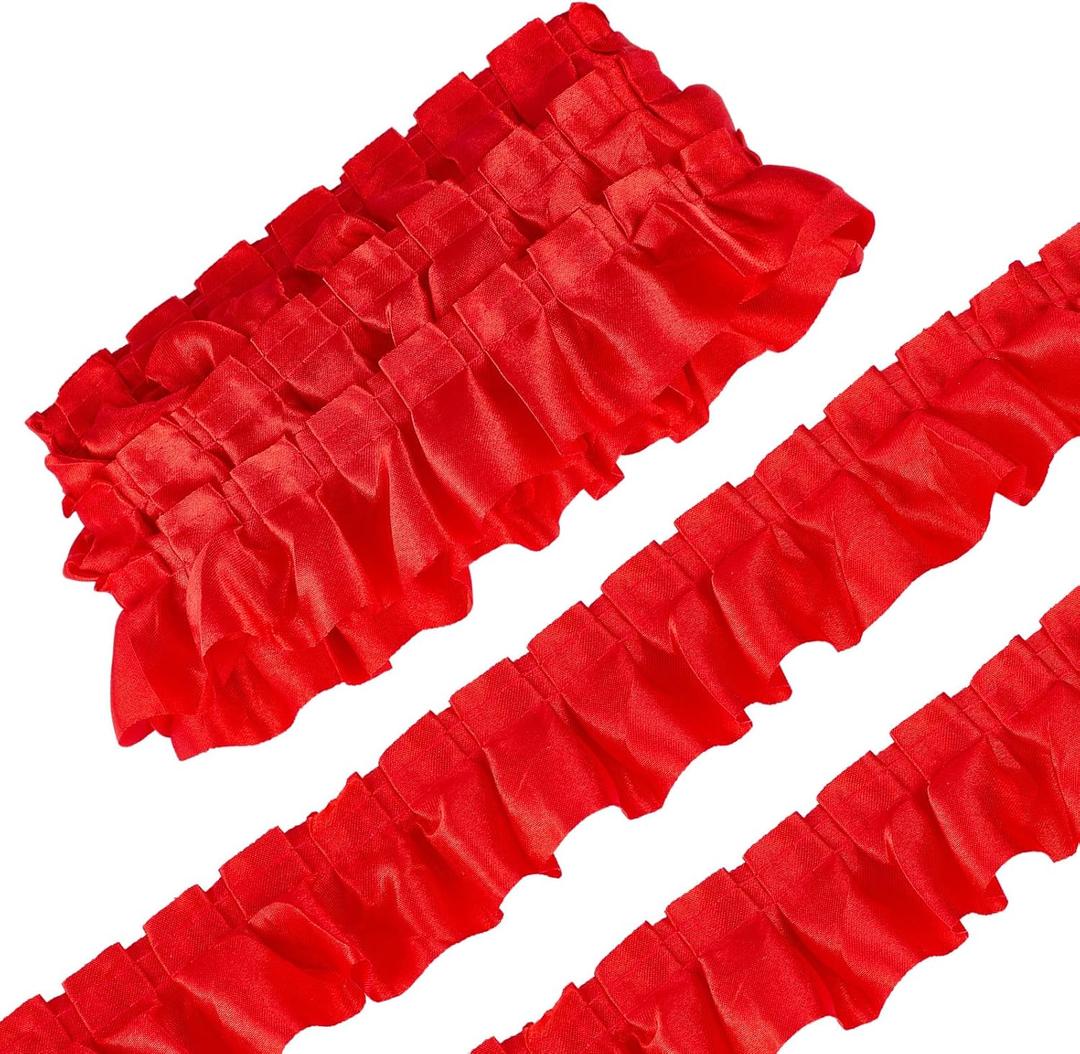 5 Yard Red Satin Ruffle Pleated Trim, 1.57 Inch Wide Organza Single Frill Layer Edging Trimmings, Gathered Ribbon Edge for Applique Sewing Crafts Home Decoration