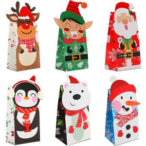 Christmas Treat Bags - 24 Pcs Paper Gift Bags with 24 Stickers, Kraft Goodie Bags for Party Favors, Classroom Giveaways & Seasonal Celebrations