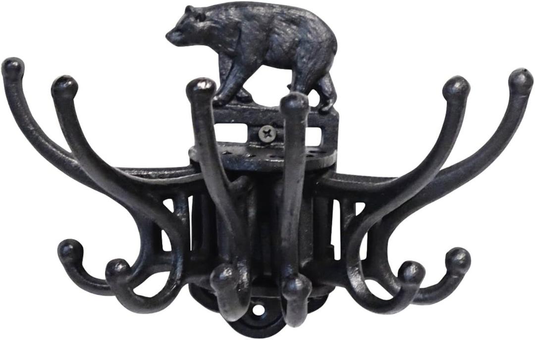 BestGiftEver Decorative Rustic Coat Hooks with Black Bear Accent - Free Spinning Movable Cast Iron Wall Hooks - Rustic Key Hook, Towel Holder, Bag and Coat Hanger for Wildlife and Woodland Theme