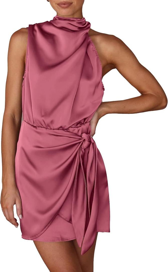 PRETTYGARDEN Women's Short Formal Satin Dress Summer Sleeveless Mock Neck Tie Waist Cocktail Party Dresses (Pink, S)