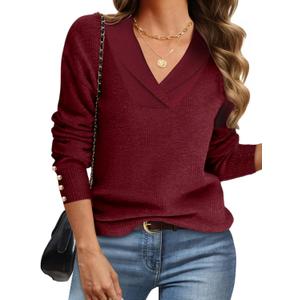 VIMPUNEC Womens Long Sleeve V Neck Sweaters Trendy Lightweight Pullover Fall Knit Jumper Tops (Red, M)