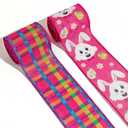 2 Rolls 2.5" 5 Yd Easter Ribbon Easter Bunny Easter Egg Wired Ribbon Colorful Buffalo Plaid Ribbon for Spring Wreath DIY Crafts Bows Making Gifts Wrapping Easter Party Decoration