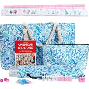 American Mahjong Set with Blue Carrying Bag and Accessories, 160 Pink Engraved Tiles, 4 All-in-One Rack/Pushers, 1.2 Mahjong Tile Set, 21.2 x 3.15 x 11.8 inches